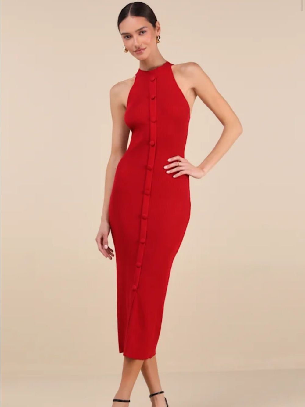 Lulus Sunia Red Sleeveless Button Front Midi Sweater Dress size S NWT